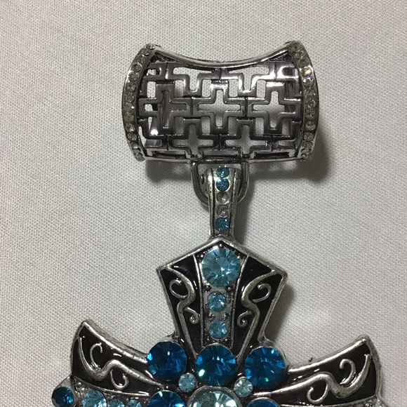 Silver and Blue Chunky Style Rhinestone Cross Pendant - Picture 2 of 7
